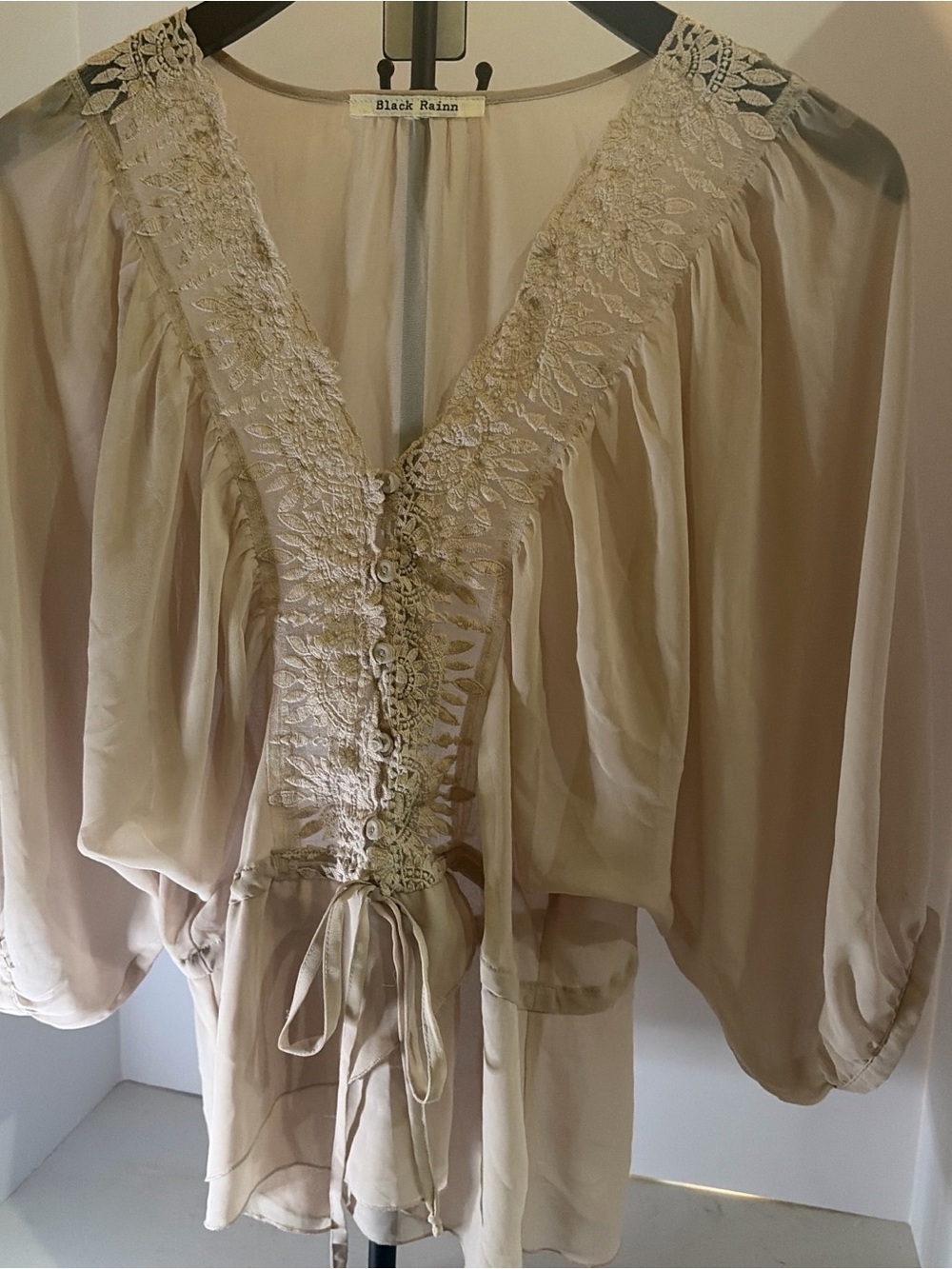 Black Rainn Sheer Blush Tie-Front V-Neck Blouse